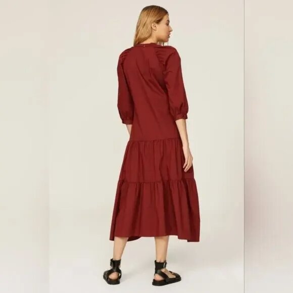 BOSS by Hugo Boss Depera Poplin Tiered Midi-Maxi Dress in Burnt Sienna - Fall! 4 - Picture 11 of 16